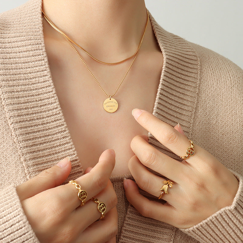 Niche Versatile Temperament Sweater Chain, English Letter Round Brand Pendant Double Chain Titanium Steel Gold Plated Necklace