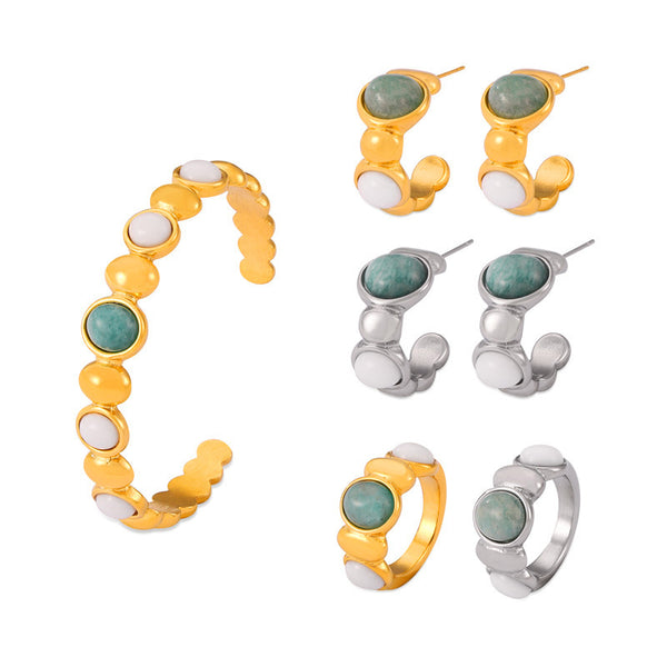 Hot-selling niche personalized jewelry geometric inlaid natural stone splicing round bead design titanium steel jewelry set 99