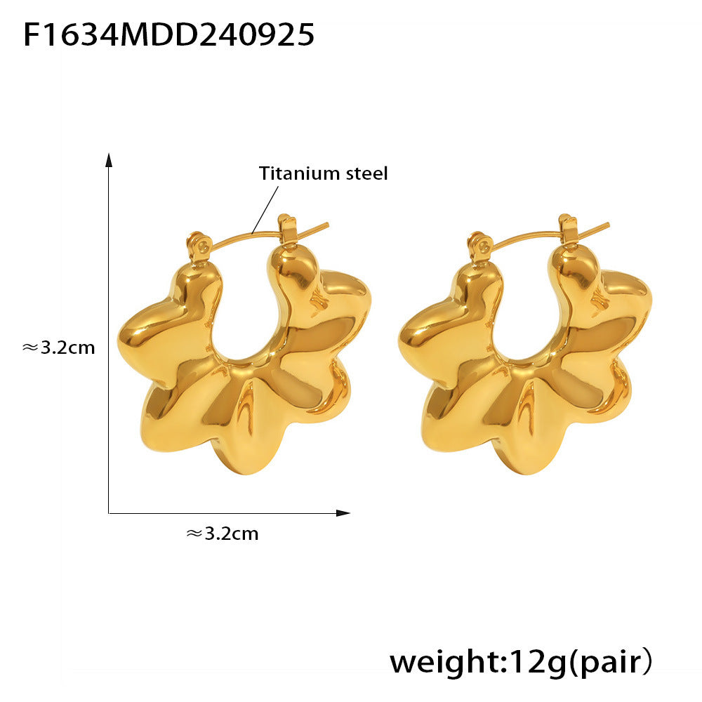 Folded Wave Chrysanthemum Hollow Earrings, Titanium Steel 18K Gold Plated Temperament Irregular Earrings Women