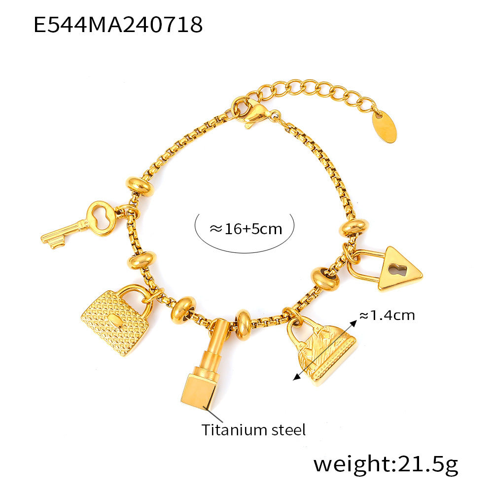 Multi-element tag diamond pendant bracelet adjustable trend retro titanium steel plated 18K gold bracelet