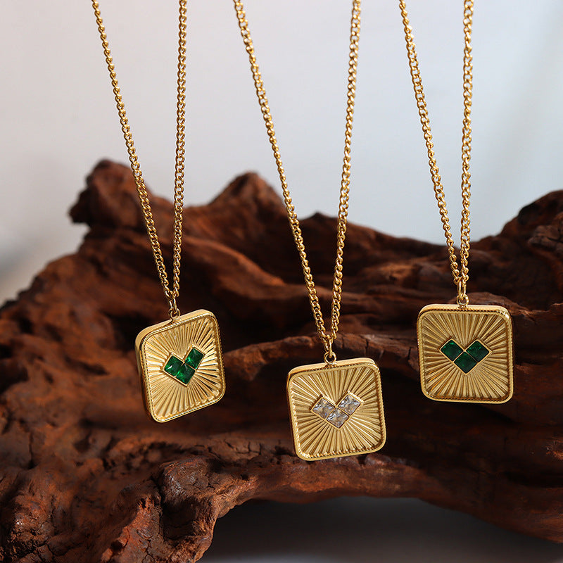 Women's niche design titanium steel square brand heart pendant necklace personalized fashion earrings gold-plated jewelry set