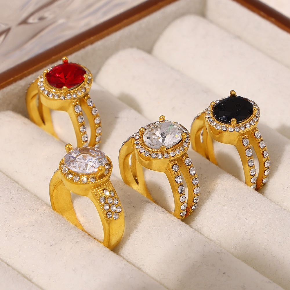 Luxury retro diamond-set oval zircon ring titanium steel 18k plated real gold temperament court style ring female pp