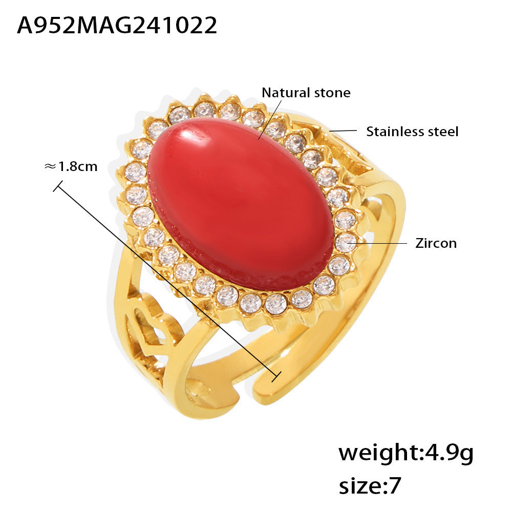 Wave Zircon Oval Natural Stone Open Ring Stainless Steel PVD Plating Adjustable Spot Supply
