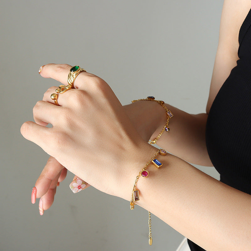 Non-fading light luxury multi-color zircon jewelry set fringed necklace niche design titanium steel bracelet 99