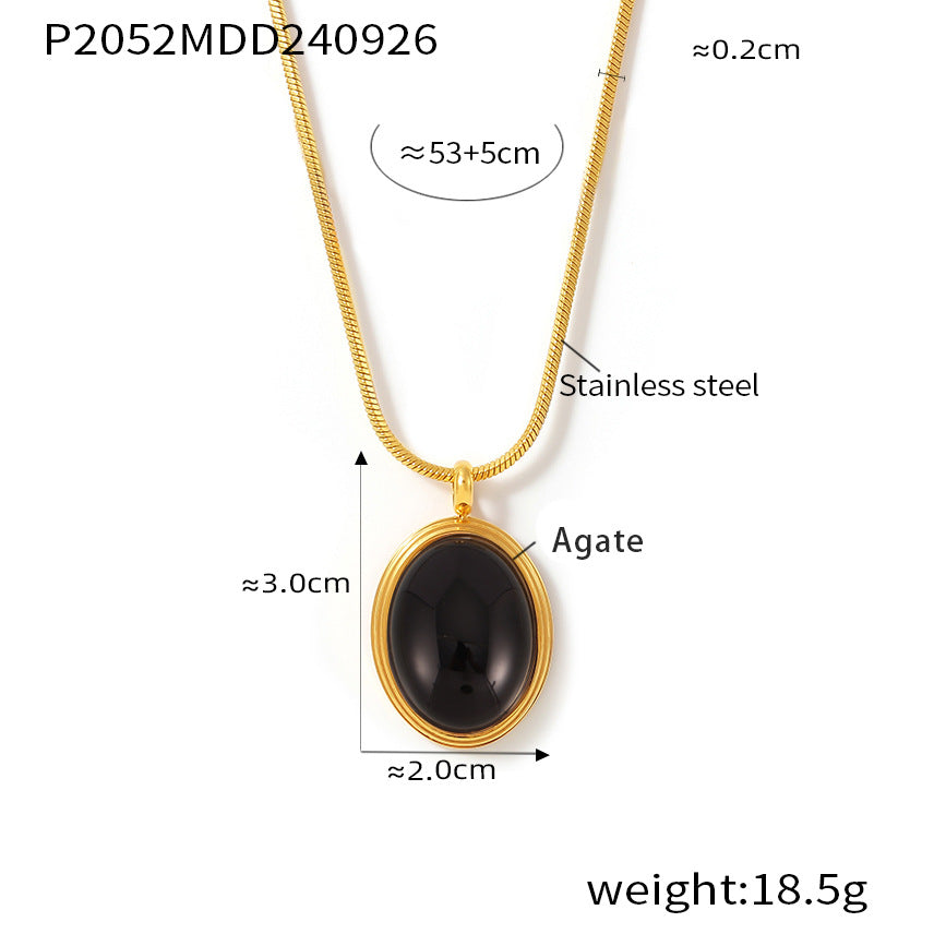 Autumn and winter stacked wearing Maillard style oval tiger's eye stone pendant necklace light luxury stainless steel non-fading neck chain