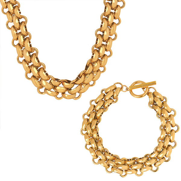 Cold wind exaggerated trendy temperament jewelry set buckle design thick chain personalized necklace versatile gold-plated bracelet