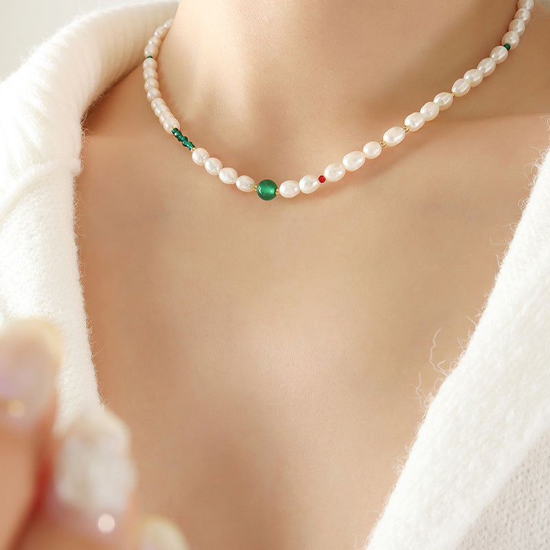 Natural agate glass stone freshwater pearl beaded necklace geometric OT buckle titanium steel fashion personalized jewelry