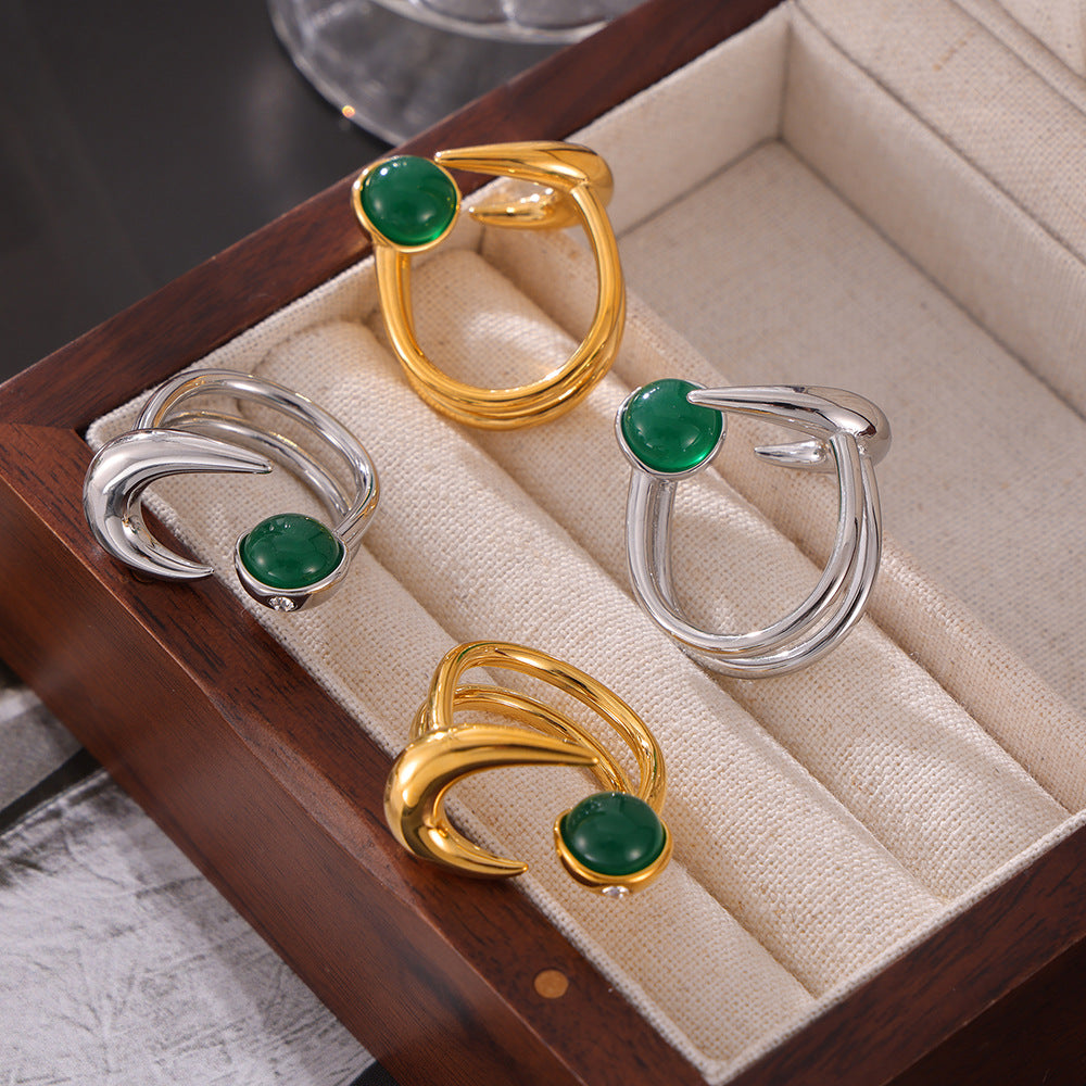 Simple personality hip-hop style temperament ring inlaid with glass stone design double-layer titanium steel open ring