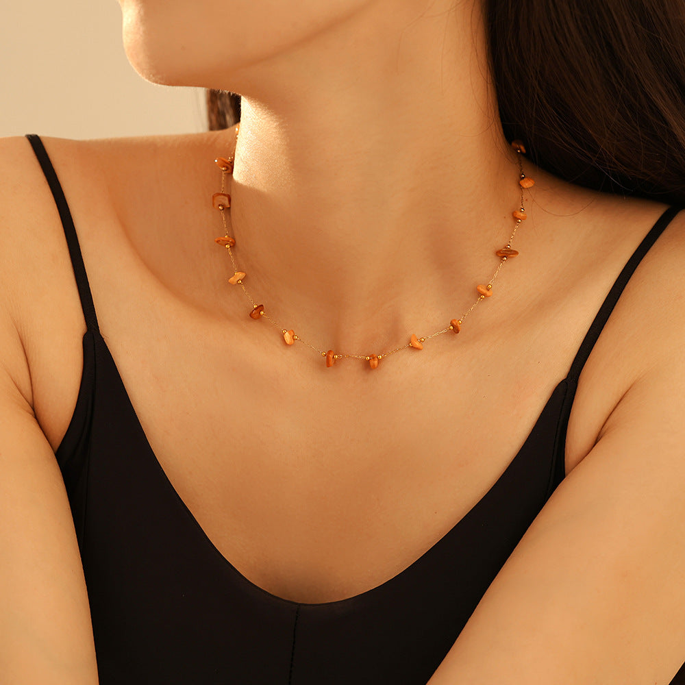 Light luxury irregular natural gravel collarbone chain niche bracelet set stainless steel non-fading jewelry