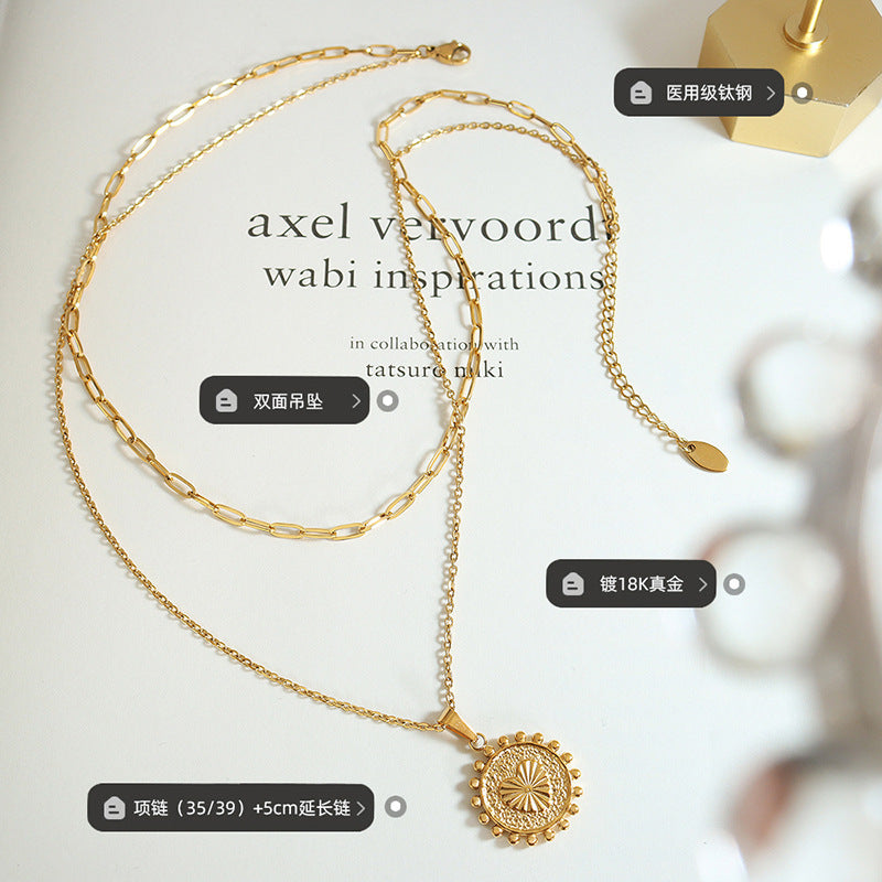 Trendy double-sided double-layer personalized explicit pendant, collarbone chain, relief peach heart sun lace necklace, jewelry, women's 99.