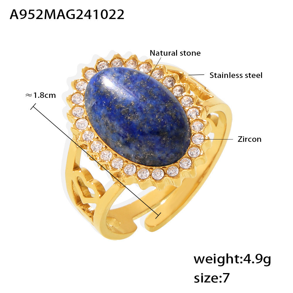Wave Zircon Oval Natural Stone Open Ring Stainless Steel PVD Plating Adjustable Spot Supply