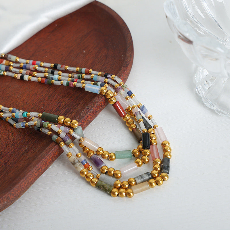 New cross-border high-end light luxury titanium steel gold-plated natural crystal stone handmade beaded necklace jewelry female pp