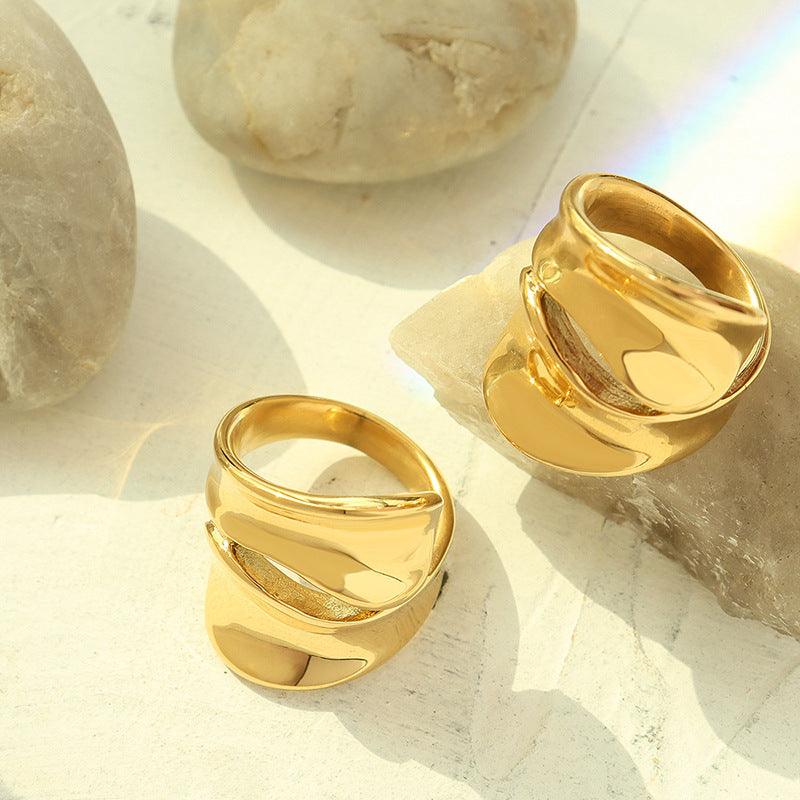 Exaggerated Hollow Geometric Ring Female, Titanium Steel 18K Real Gold Ring Hip Hop Trend Fashion Jewelry