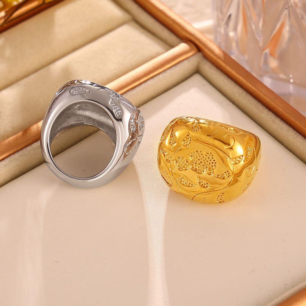 Vintage geometric element karst texture ring 18k gold plated fashion exaggerated stainless steel trend jewelry
