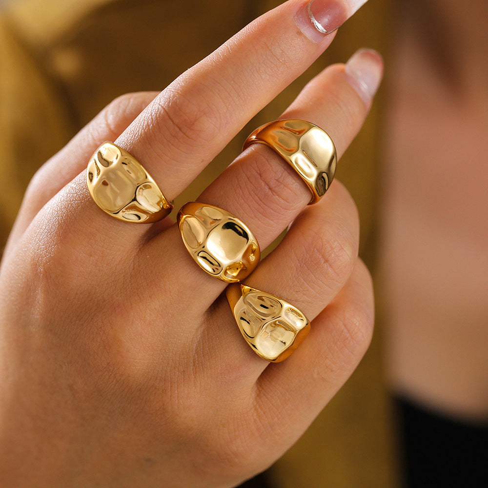 Fashion curved open ring cold wind copper water plated 18K gold concave and convex texture ring