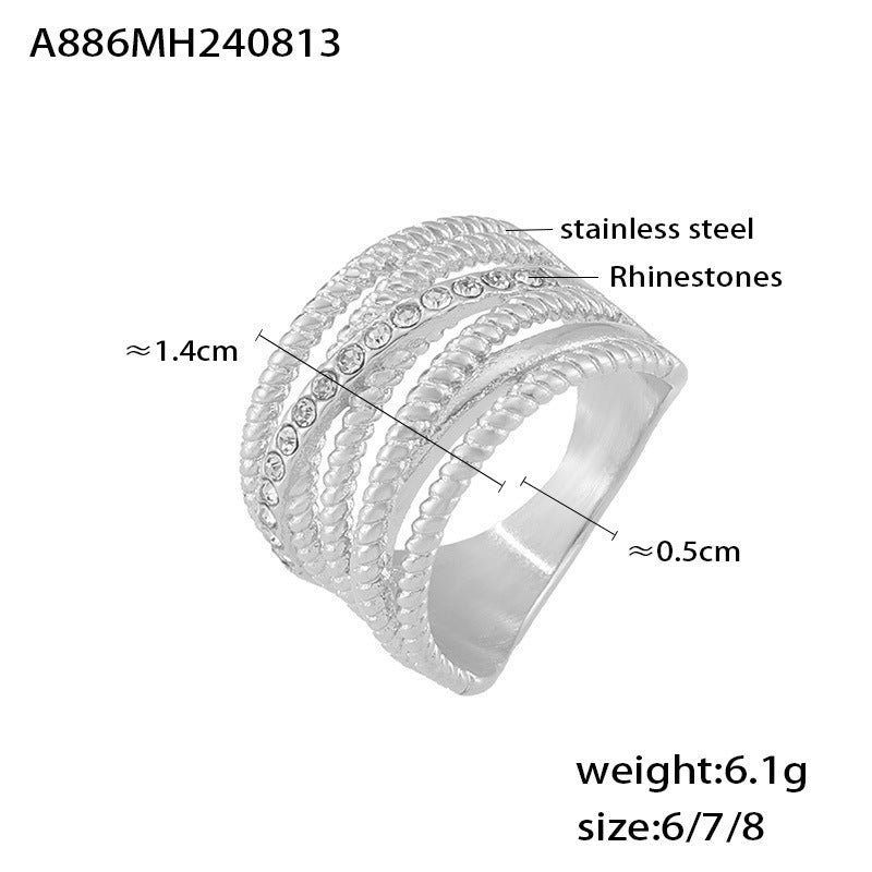 Hot Sale Multi-layer Twist Cross Diamond Set Hollow Ring Stainless Steel Plated 18K Gold Personality Ring