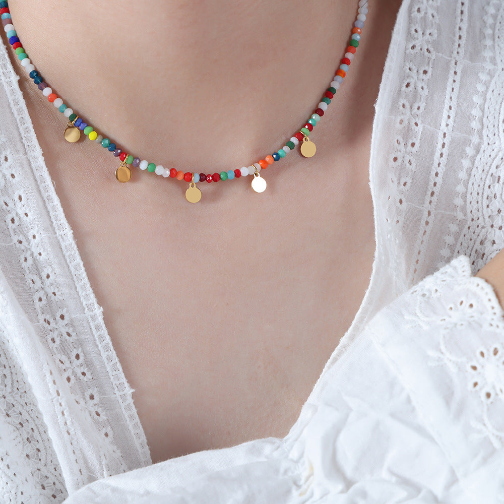New light luxury high sense versatile clavicle chain titanium steel lock pendant glass rice beads handmade beaded necklace female