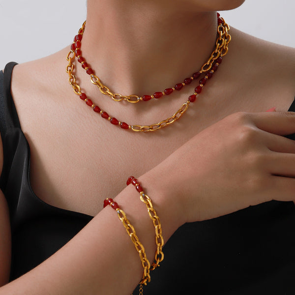 Temperament elegant jewelry agate garnet beaded design titanium steel gold-plated jewelry set 99
