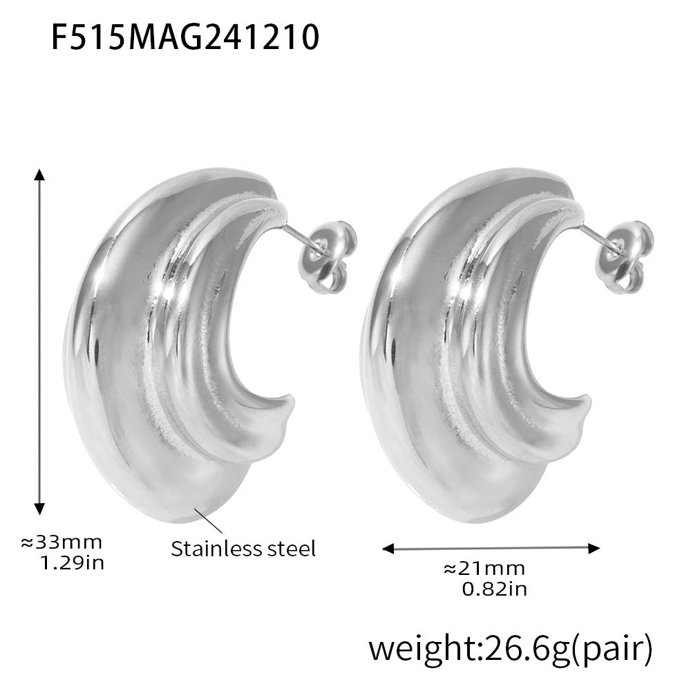 Stainless steel multi-layer C-shaped curved heavy industry polished texture earrings PVD plated 18K real gold Internet celebrity stud earrings