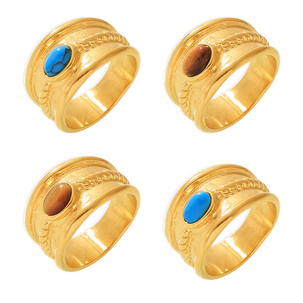 Stainless steel turquoise tiger's eye stone twist pattern ring women's PVD electroplated real gold color retention tail ring spot 99