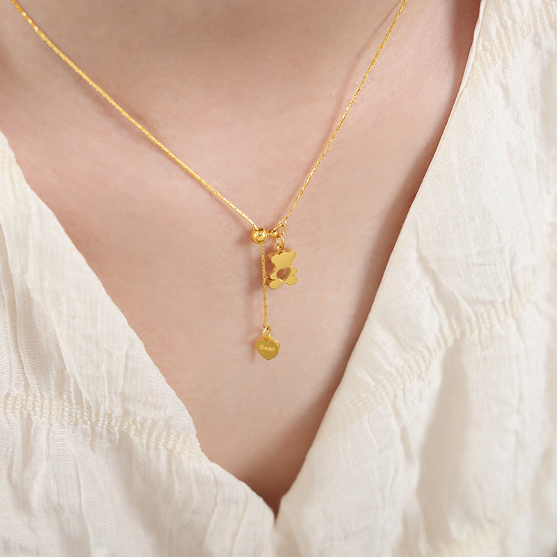 Fashion commuting Personality Simple Geometric Hollow Love Bear Design Pull-out Buckle Adjustable Titanium Steel Clavicle Necklace pp