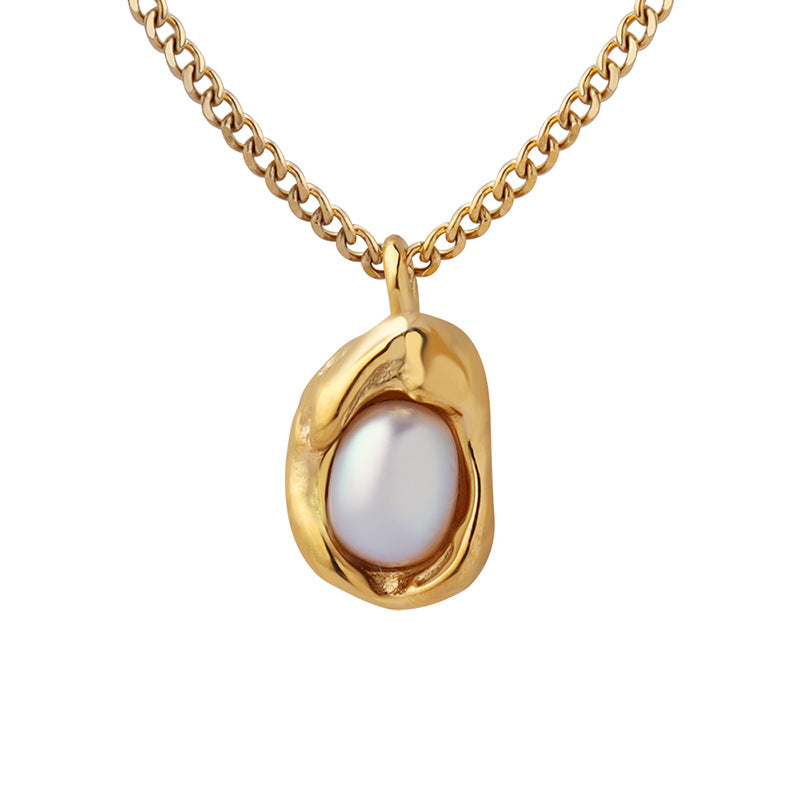 Titanium steel gold-plated fashion Cuban chain niche design sense natural freshwater pearl inlaid special-shaped pendant necklace 99
