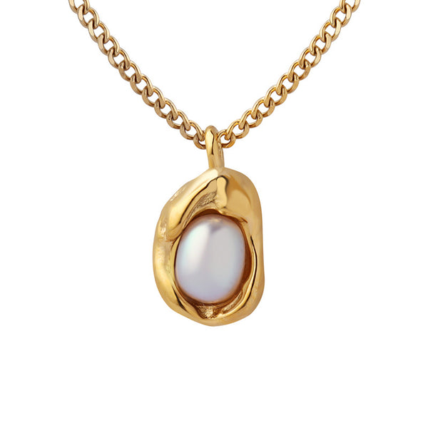 Titanium steel gold-plated fashion Cuban chain niche design sense natural freshwater pearl inlaid special-shaped pendant necklace 99