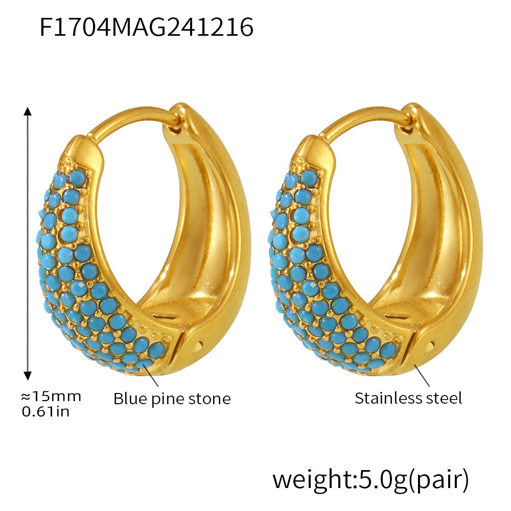 Blue Turquoise Colorful Zircon Circle Earrings Temperament Ear Buckles Commuter Earrings Stainless Steel Electroplated 18K Real Gold