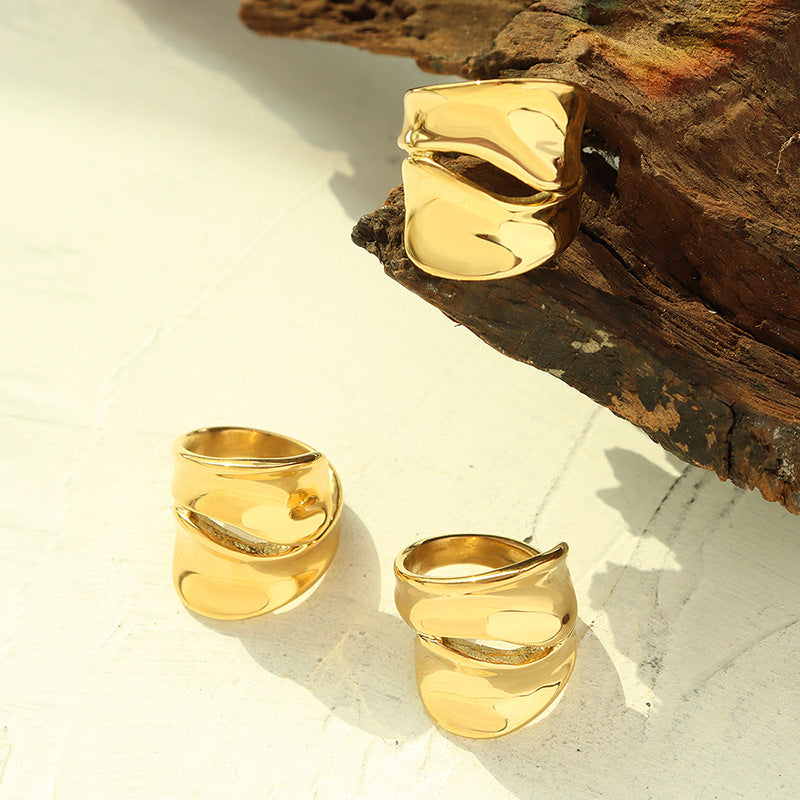 Exaggerated Hollow Geometric Ring Female, Titanium Steel 18K Real Gold Ring Hip Hop Trend Fashion Jewelry