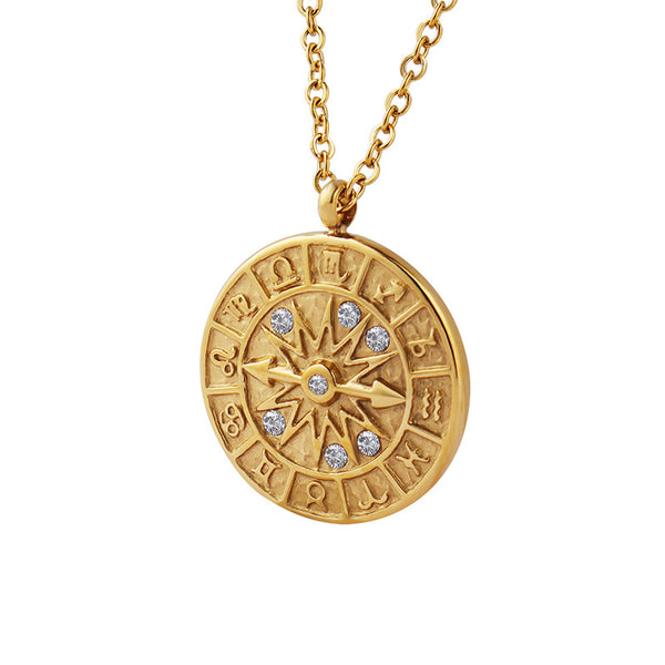 Vintage style round brand inlaid with zircon relief constellation dial hour hand pendant necklace, titanium steel plated with 18K gold