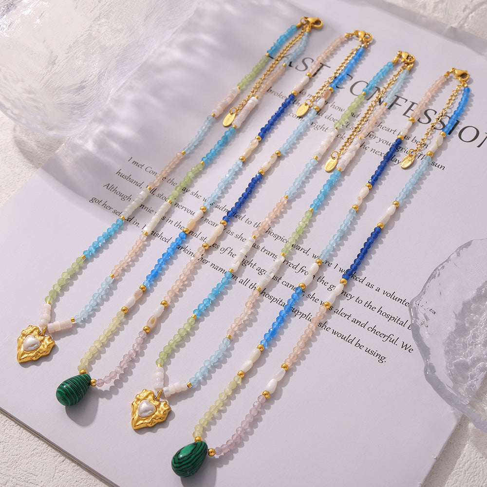 Chic style malachite love inlaid pearl pendant titanium steel plated 18k real gold string natural stone necklace wholesale