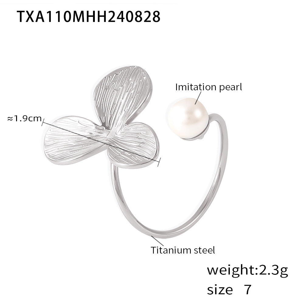 Light Luxury Pearl Flower Ring Titanium Steel 18k Gold Non-Fading Opening Adjustable Ring Fashion Earrings