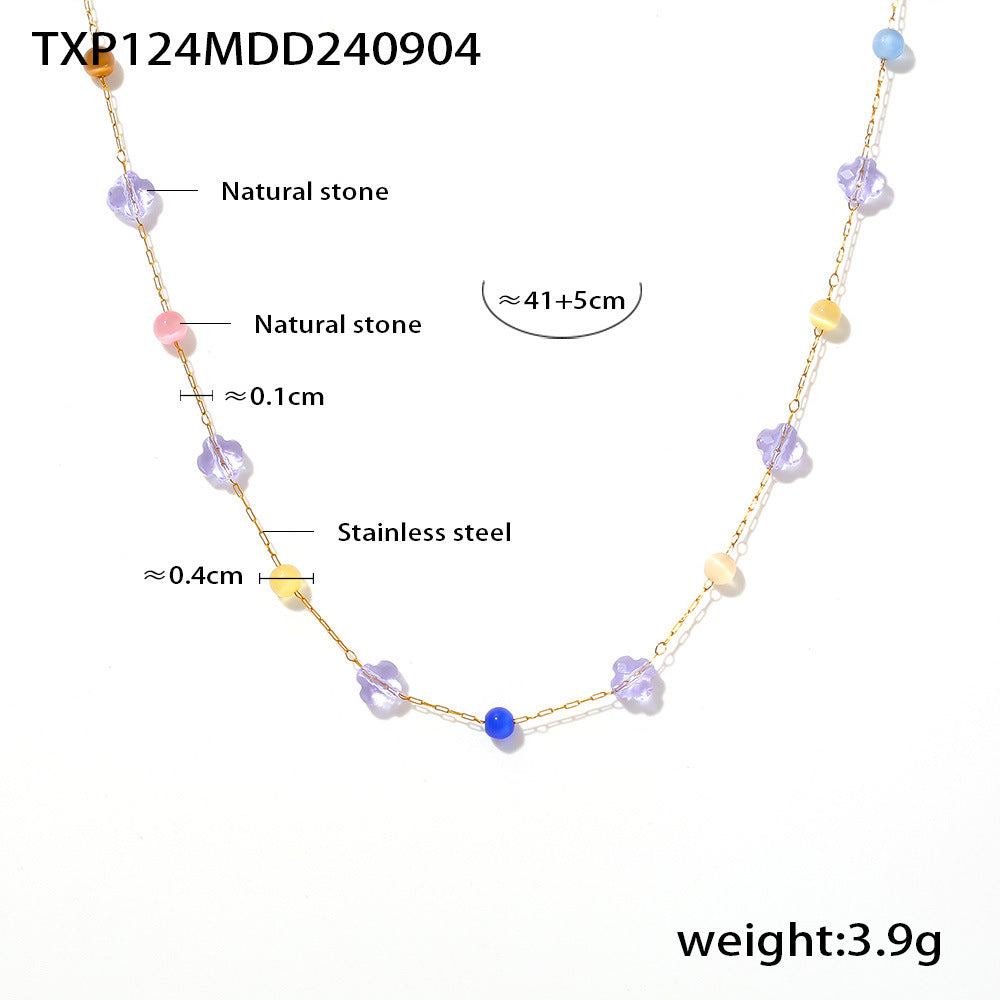 Colorful natural stone collarbone necklace bracelet, stainless steel niche dopamine handmade chain set for women