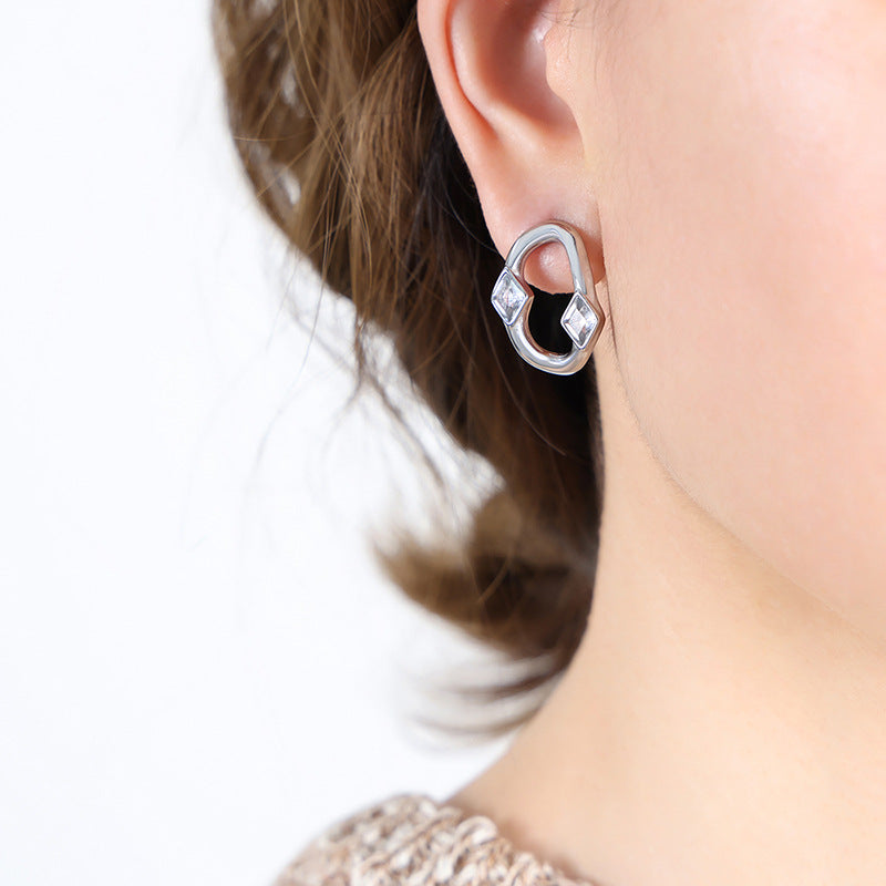 Geometric smooth plain circle niche design titanium steel inlaid rhombus zircon fashion non-fading earrings women's jewelry