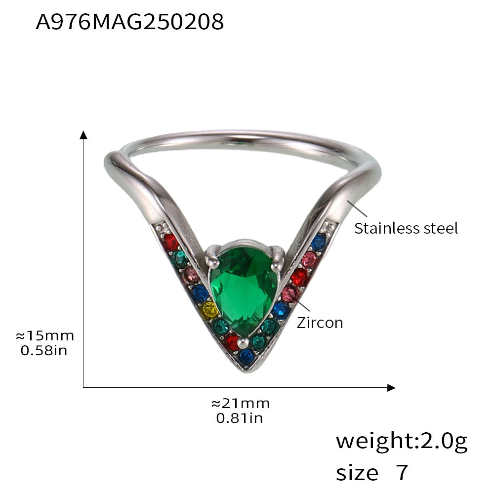V-shaped full diamond 5A zircon side opening adjustable stainless steel ring does not fade fashionable light luxury index finger ring 99