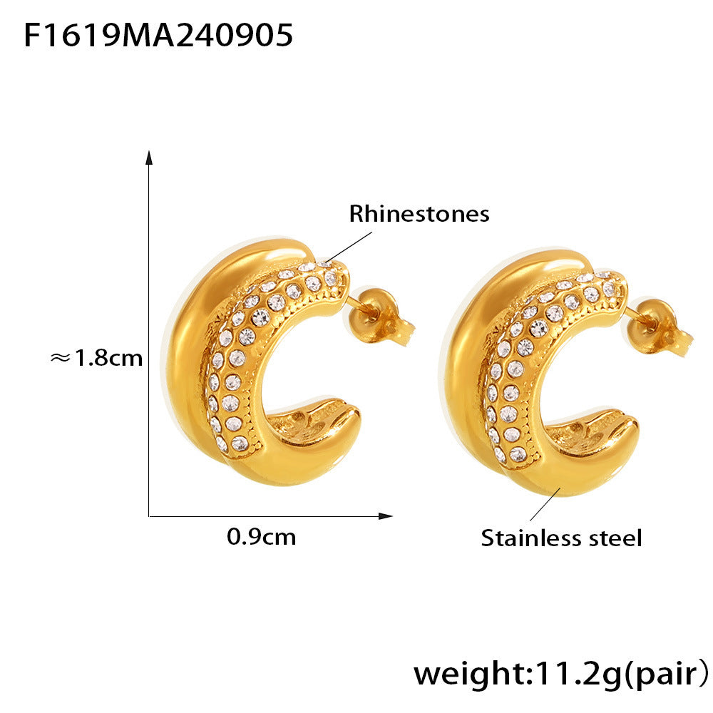 Retro double C sticky diamond earrings fashion temperament stainless steel 18K gold crescent shape does not fade simple earrings women 99
