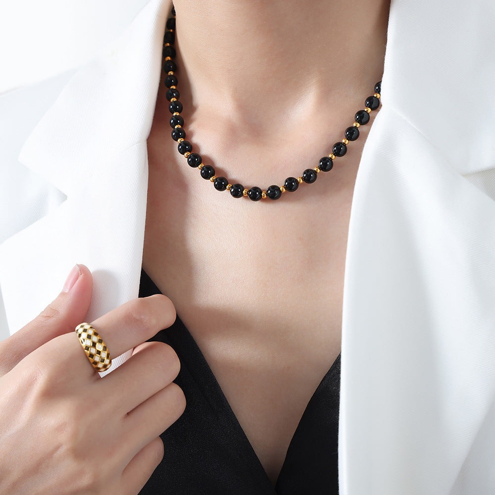 New light luxury high-end niche design black agate handmade beaded titanium steel bead necklace female pp