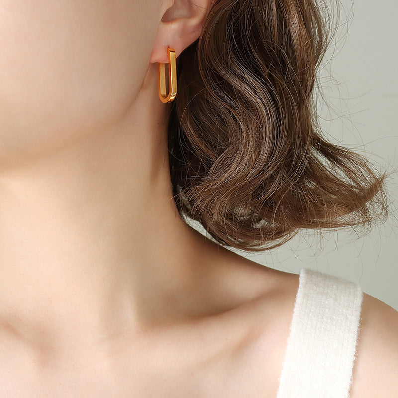 Autumn and winter cold wind geometric oval rectangular earrings titanium steel gold-plated stud earrings jewelry F34299