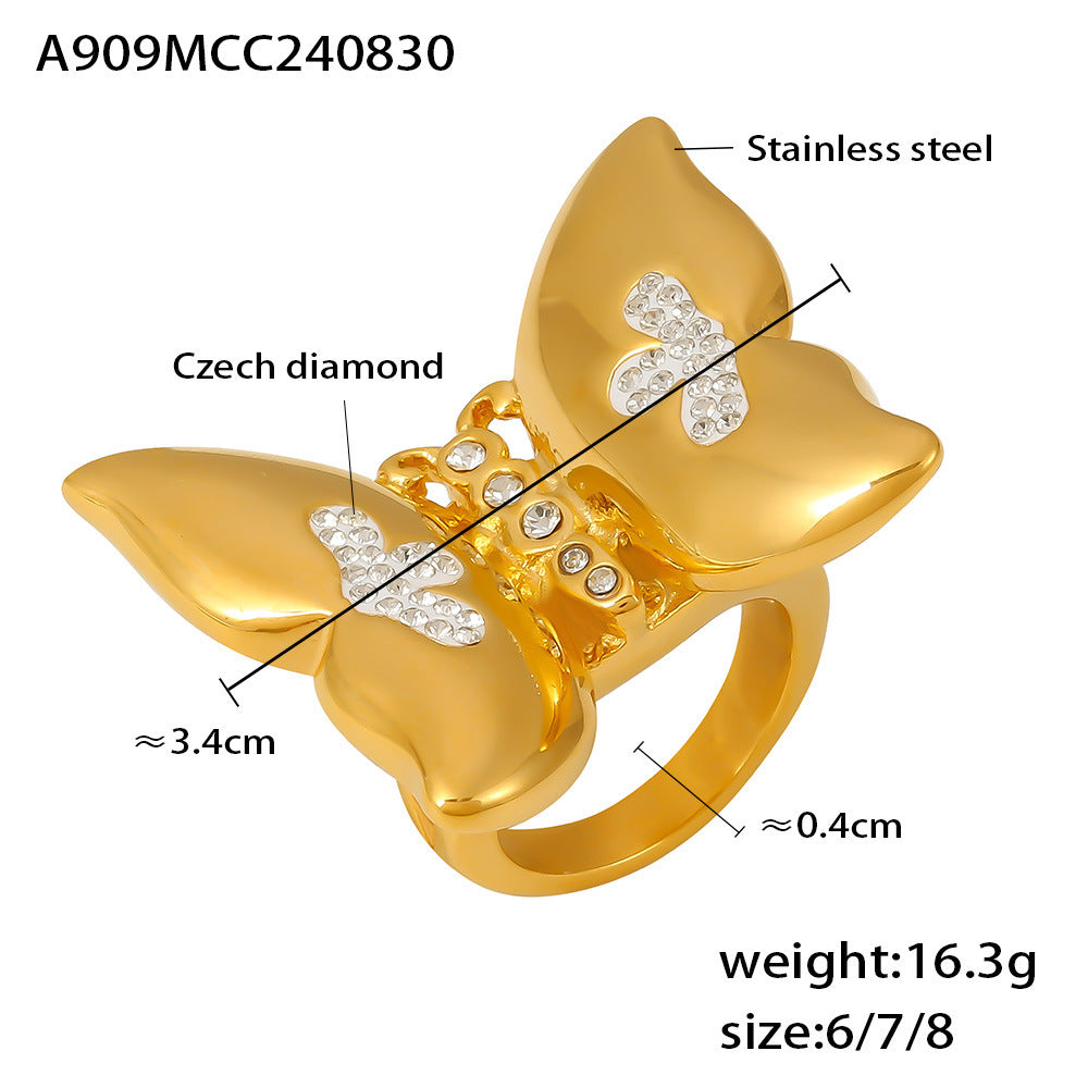 Sticky diamond butterfly ring fashionable temperament stainless steel new hot-selling jewelry color retention ring wholesale pp
