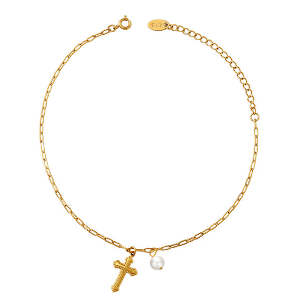 Summer exposed ankle niche design sense retro cross pendant pearl accessories anklet jewelry