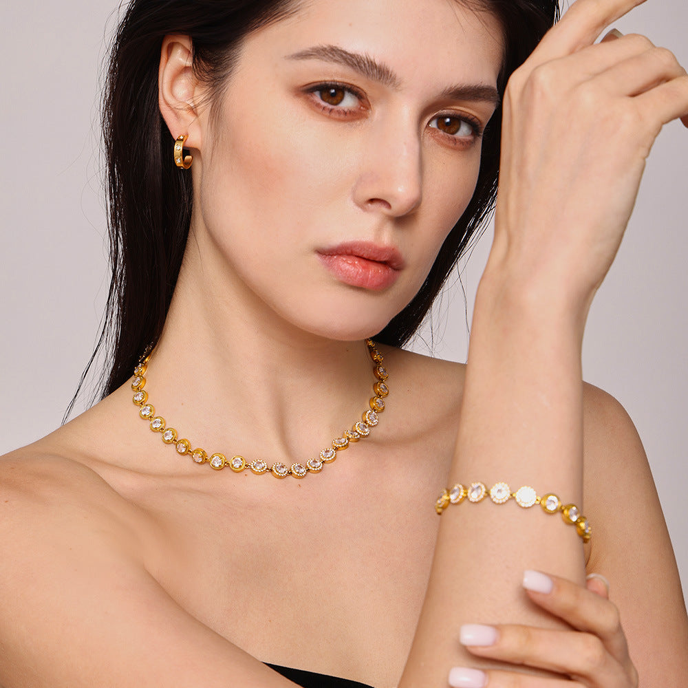 Super flash gypsy star round white zircon handmade chain stainless steel plated 18K real gold luxury temperament jewelry 99