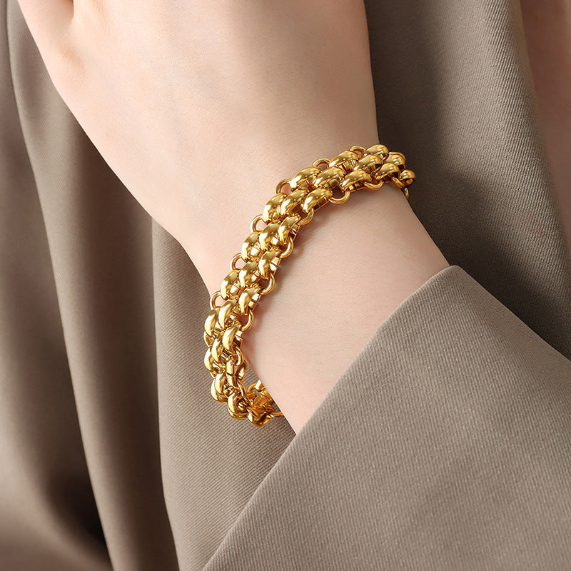 Cold wind exaggerated trendy temperament jewelry set buckle design thick chain personalized necklace versatile gold-plated bracelet