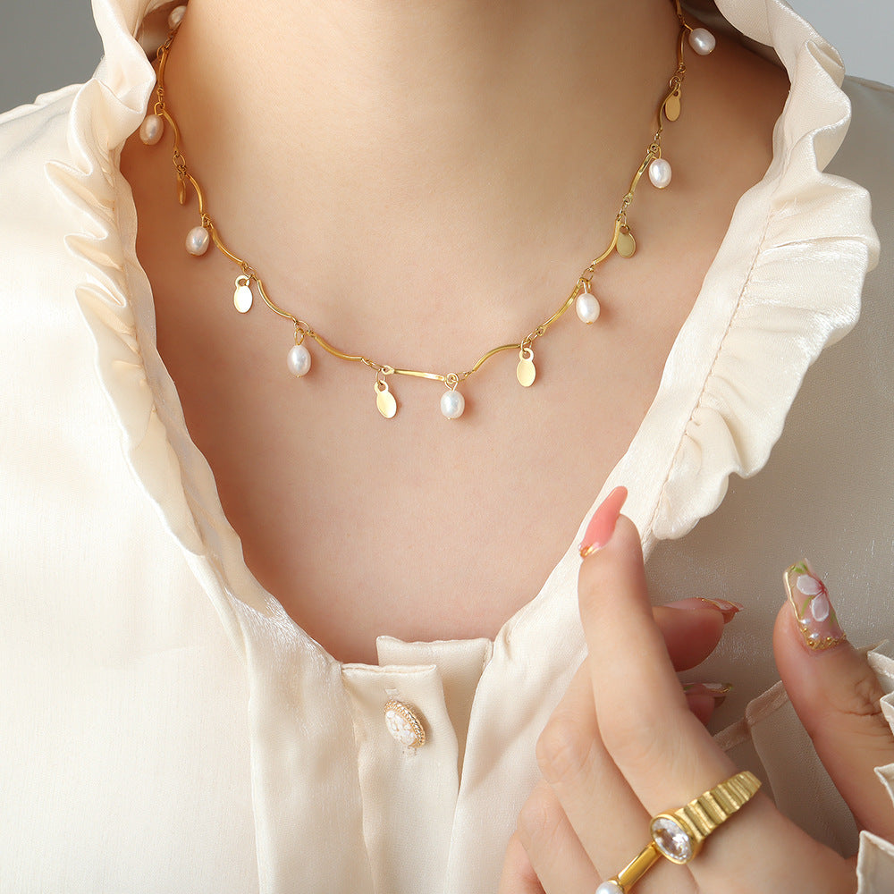 Baroque Natural Freshwater Pearl Tassel Geometric Necklace Versatile Trend Light Luxury Bracelet Jewelry Set