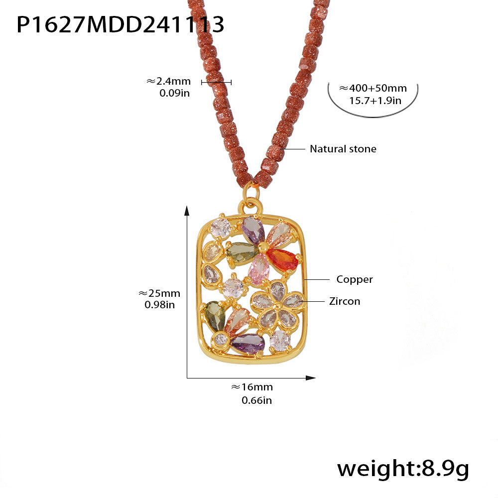 Color zircon small flower copper pendant necklace natural stone handmade beaded sugar cube luxury collarbone accessories spot