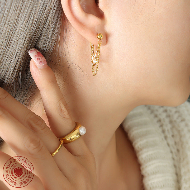 Trendy non-fading fringed double-layer chain earrings titanium steel gold-plated studs wholesale F317