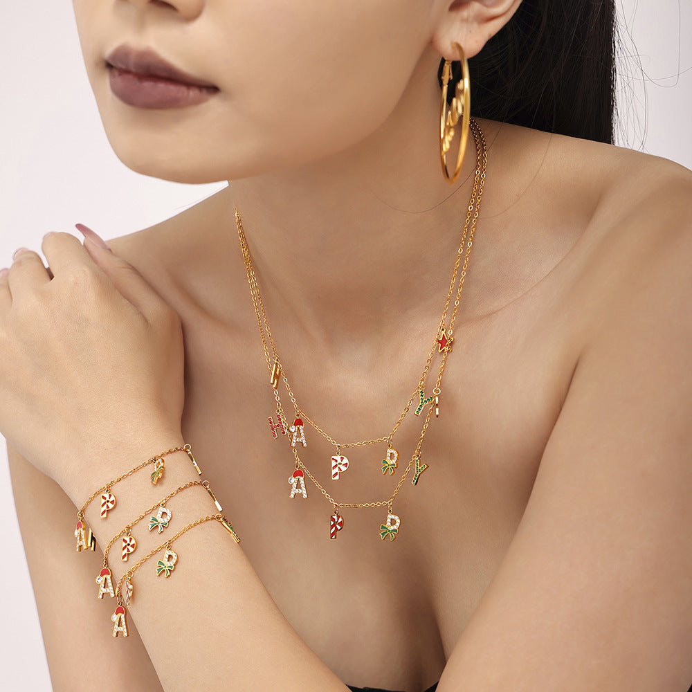 Christmas jewelry enamel glaze inlaid zircon HAPPY letter necklace bracelet earrings European and American set