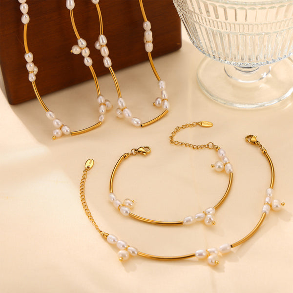 Light luxury temperament elegant jewelry geometric freshwater pearl beaded design titanium steel jewelry set