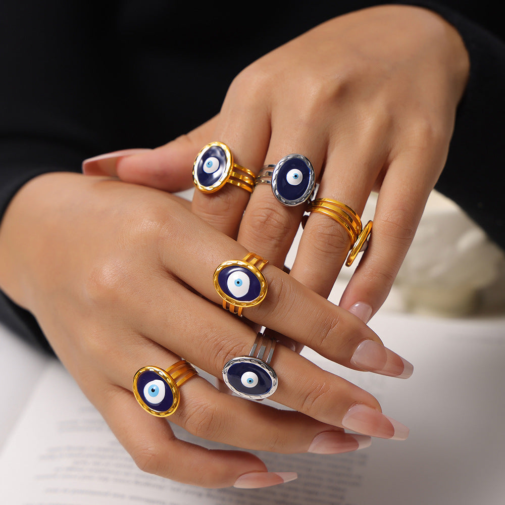 Hot-selling niche devil's eye shape ring, personalized drip oil design, multi-layer hollow titanium steel ring pp