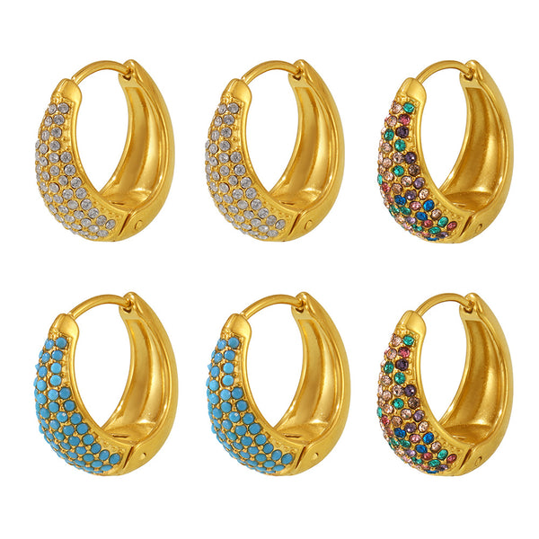 Blue Turquoise Colorful Zircon Circle Earrings Temperament Ear Buckles Commuter Earrings Stainless Steel Electroplated 18K Real Gold