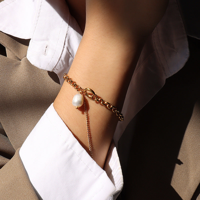 Light luxury fringed bracelet Baroque freshwater pearl jewelry women's titanium steel plated 18K gold personality versatile